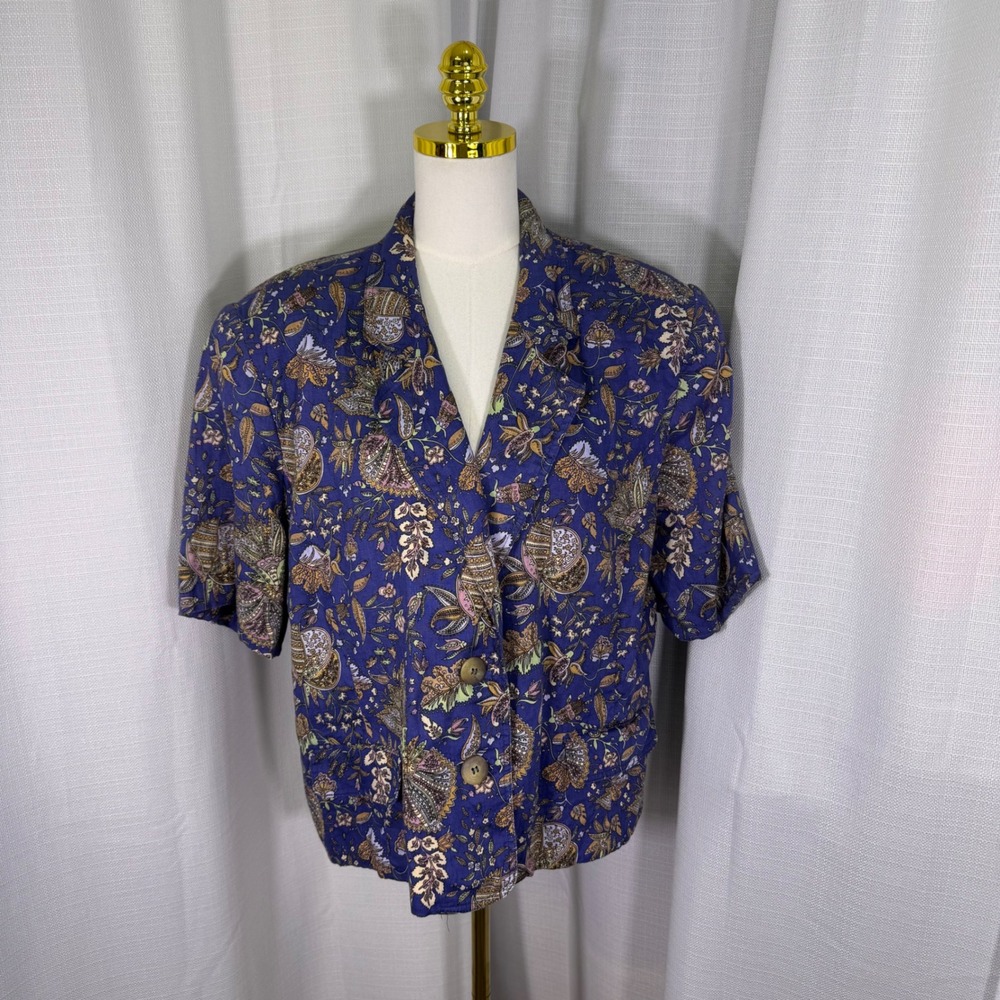 Talbots Paisley Short Sleeve Blazer Jacket 100% Linen US 20 Made in USA Vintage
